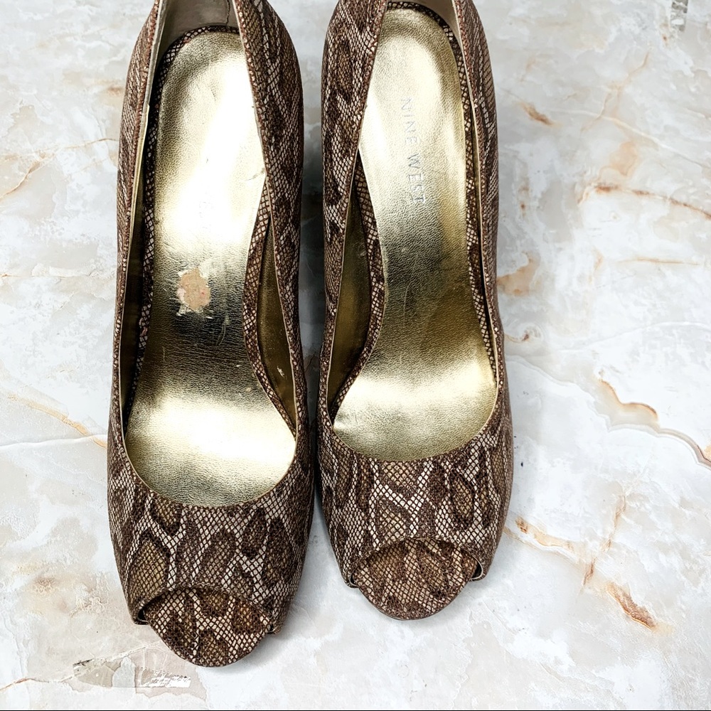 NINE WEST Peep Toe Heels. Kelsyo Vegan Leather Snakeskin Pumps with a 4" heel